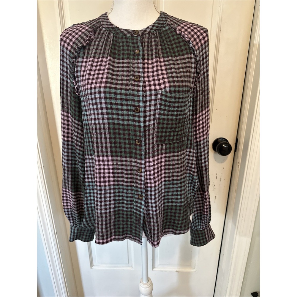 Pilcro Women's Pink Purple Plaid Button Long Sleeve Shirt Pocket Ruffle‎ XS